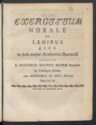 Exercitium Morale De Legibus : Quod in Aula maiori Academica Bonnensi