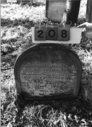 Grabstein 208 (Index: 100116330) Material: Sandstein Zustand: verwittert und leicht im Boden versunken Maße HxBxT: 62x58x14 cm Beschreibung: Stele mit Rundbogenabschluß, eingetieftes Schriftfeld Besonderheit: Kindergrab: Grabstein 208