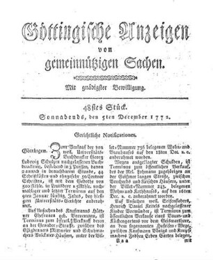 48stes Stück. Sonnabends, den 5ten December 1772.