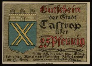 Gutschein der Stadt Castrop über 25 Pfennig