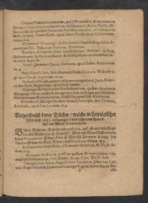 Verzeichnüß derer Bücher/ welche in Leipzigischer Ostermeß 1652. ausgangen/ ...