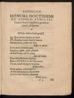 Sapphicum Honori, Doctissimi Dn. Andreae Rempleri ...