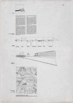 Bauwettbewerb Amerika-Gedenkbibliothek/Berliner Zentralbibliothek, AGB, 1. Phase (nicht realisiert) – Bebauungsplan, Perspektivansicht, Erläuterungsbericht, Diagramme. Berlin-Kreuzberg, Blücherplatz 1