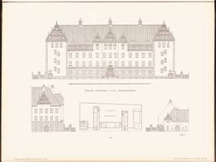 Gemeindeschule in der Christianiastraße, Berlin: Grundriss, Ansicht, Seitenansichten (aus: Neubauten der Stadt Berlin, Bd. II, 1903)