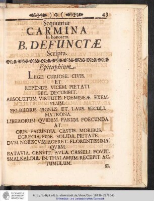 Sequuntur Carmina in honorem B. Defunctae Scripta
