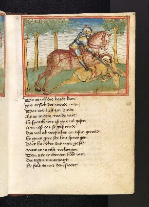 Dietrich jagt mit seinem Pferd eine Hirschkuh und tötet sie mit seinem Schwert.