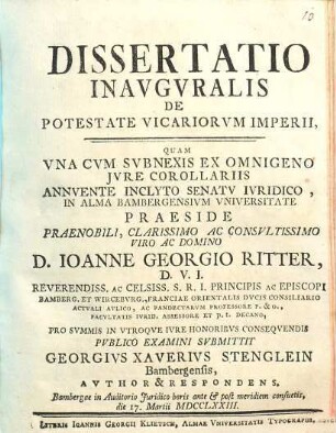 Dissertatio inauguralis de potestate vicariorum imperii