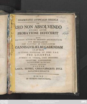 Dissertatio Avspicalis Ivridica De Reo Non Absolvendo Etiamsi Actor Probatione Defecerit