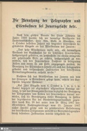 Die Benutzung der Telegraphen und Eisenbahnen bei Feuersgefahr betr.