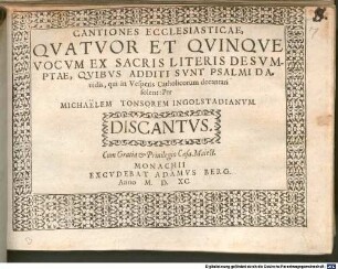 CANTIONES ECCLESIASTICAE, QVATVOR ET QVINQVE VOCVM EX SACRIS LITERIS DESVMPTAE, QVIBVS ADDITI SVNT PSALMI DAuidis, qui in Vesperis Catholicorum decantari solent