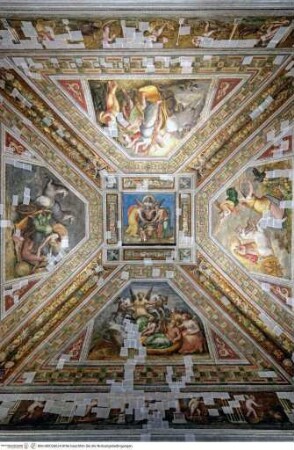 Dekoration mit Grotesken und Bildfeldern mit Chronos, den Parzen und Cupid; den vier Tageszeiten; Putten