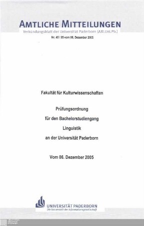 Prüfungsordnung für den Bachelorstudiengang Linguistik an der Universität Paderborn : vom 06. Dezember 2005