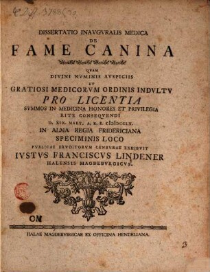 Dissertatio Inavgvralis Medica De Fame Canina