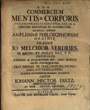Commercium Mentis & Corporis Occasione Dicti Sapientis, Sap. IX. 15. Strictim Expositum Et Illustratum