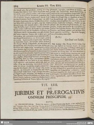 Tit. XIII. De Juribus Et Praerogativis Omnium Principum