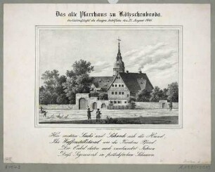 Pfarrhaus und Friedenskirche in Kötzschenbroda (Radebeul) vom Dorfanger von Norden gesehen, Gedenkblatt anlässlich des 200-jährigen Jubiläums des Waffenstillstandes vom 27. August 1645, der den 30-jährigen Krieg für Sachsen beendete