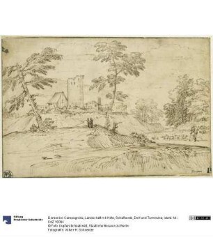 Landschaft mit Hirte, Schafherde, Dorf und Turmruine