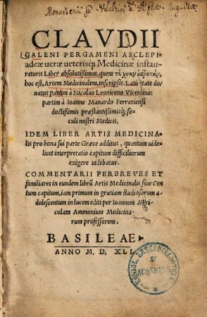 Liber absolutissimus quem technēn iatrikēn, hoc est, Artem Medicinalem, inscripsit