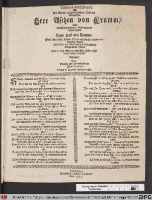 Trauer-Gedichte Als Der Weiland HochEdelgebohrne/ Veste und Wolgelahrte Herr Aschen von Kramm/ Des ... Herrn Carl von Kramm ... Vielgeliebter Sohn Den 6. Iunii allhier zu Helmstädt Früh-zeitigt doch Seelig entschlieff