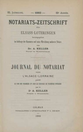 3.1883: Notariats-Zeitschrift für Elsass-Lothringen