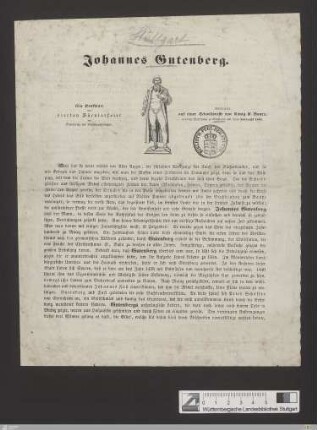 Johannes Gutenberg : Ein Denkblatt zur vierten Säcularfeier der Erfindung der Buchdruckerkunst