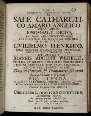 Dissertatio Inauguralis Medica De Sale Catharctico Amaro Anglico Vulgo Anglis Epsomsalt Dicto