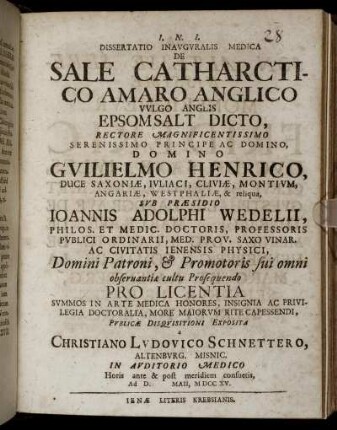 Dissertatio Inauguralis Medica De Sale Catharctico Amaro Anglico Vulgo Anglis Epsomsalt Dicto