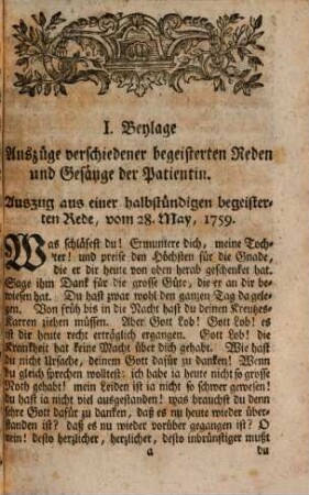 Anhang zur gründlichen Nachricht von einer begeisterten Weibesperson Annen Elisabeth Lohmannin : in drey Beylagen: I. Auszüge verschiedener begeisterten Reden und Gesänge der Patientin. II. Kritische Gedanken über den Zustand der Patientin. III. Formular des über die Patientin gesprochenen Gebetes