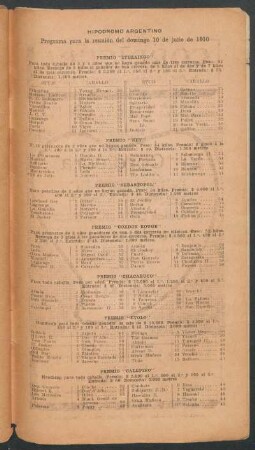 Hipódromo Argentino - Programa para la reunión del domingo 10 de julio de 1910