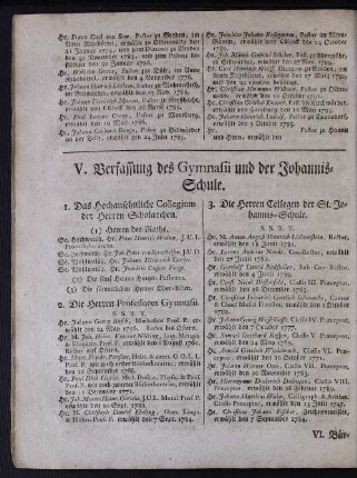 V. Verfassung des Gymnasii und der Johannis-Schule.