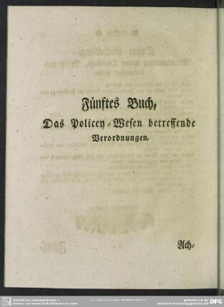 Fünftes Buch, Das Policey-Wesen betreffende Verordnungen