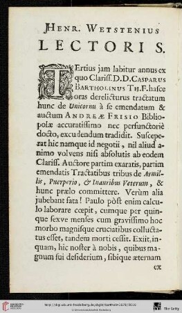 Henr. Wetstenius Lectori S.