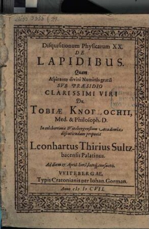 Disputationum physic. XX. de lapidibus