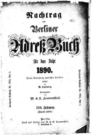 Nachtrag zum Berliner Adreß Buch für das Jahr 1890