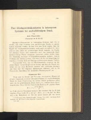 Über Gleichgewichtskonstanten in heterogenen Systemen bei ungleichförmigem Druck.