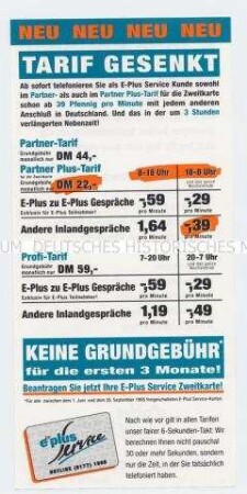 Werbeblatt der E-Plus Mobilfunk GmbH für Handy-Tarife
