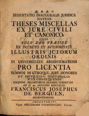 Diss. sistens theses miscellas ex iure civili et canonico