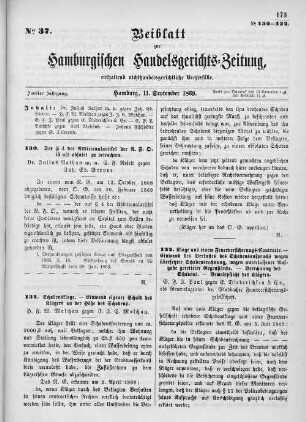 Beiblatt zur hamburgischen Handelsgerichts-Zeitung No. 37. Zweiter Jahrgang. Hamburg, 11. September 1869.