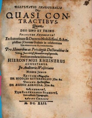 Disputatio Inauguralis De Quasi Contractibus