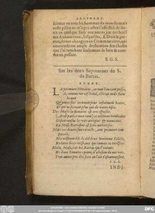Sur lex deux Sepmaines du S. du Bartas. Sonet.