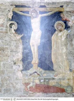 Kreuzigung, Herodes, Madonna, Sebastian, Rochus - Wandfresken der sechsten Kapelle der rechten Seite