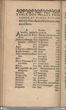 Table Des Villes Provinces, Et Places Plus Remarquables, dont estfaict mention en ce livre