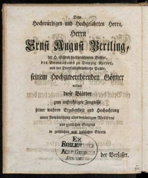 Dem Hochwürdigen und Hochgelahrten Herrn, Herrn Ernst August Bertling, [...]