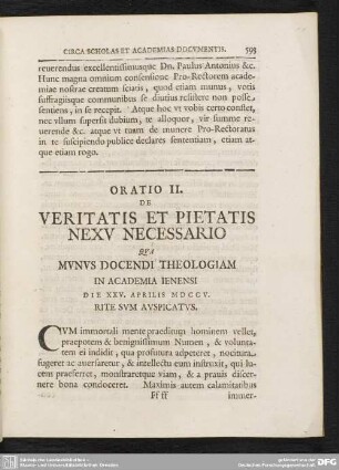 Oratio II. De Veritatis Et Pietatis Nexu Necessario