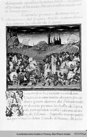 Plutarch: Vita Alexanders des Großen : Textseite mit ornamentaler Initiale (A) und Miniatur: Alexanderschlacht