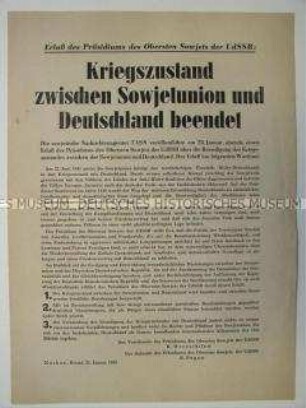 Flugblatt mit dem Erlass des Präsidiums des Obersten Sowjets der UdSSR zur Beendigung des Kriegszustandes mit Deutschland