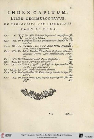 Index Capitum Liber decimusoctavus. De Tiburtibus, seu Tiburtinis Pars Altera