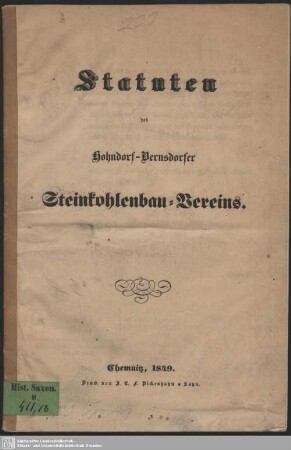 Statuten des Hohndorf-Bernsdorfer Steinkohlenbau-Verein