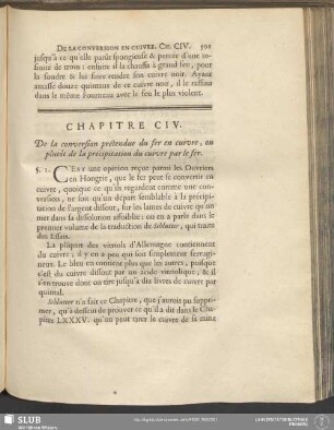 Chapitre CIV. De la conversion prétendue du fer en cuivre, ou plutôt de la précipitation du cuivre par le fer