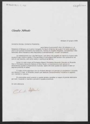 Brief an Giorgio Napolitano, 23.07.2008